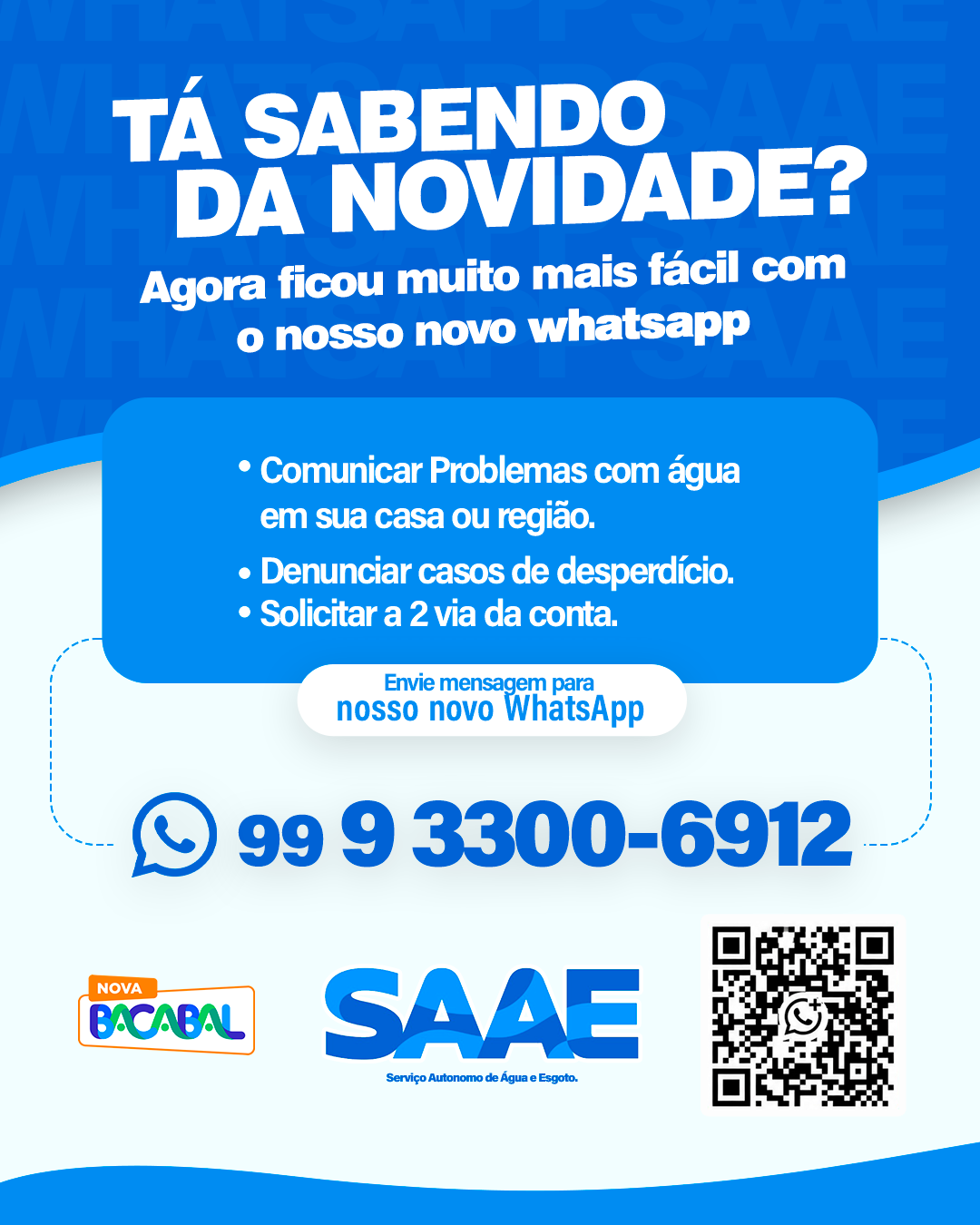 Agora ficou muito mais fácil se comunicar com o SAAE de Bacabal. Entre em contato conosco através do nosso novo whatsapp.